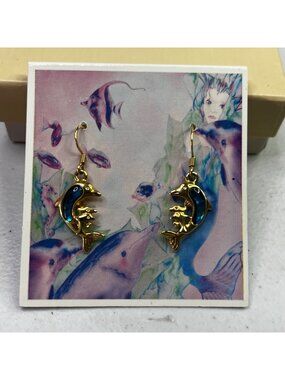Gold Tone Dolphin Earrings With Abalone Shell Inlay & Fish Design